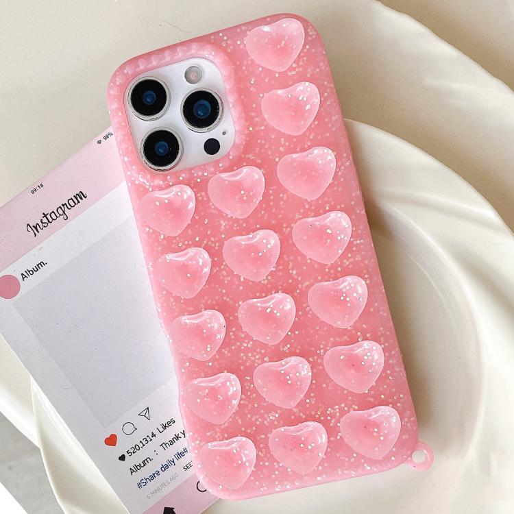 For iPhone 17 Love Heart Suction Cup Translucent Glitter Phone Case(Pink)