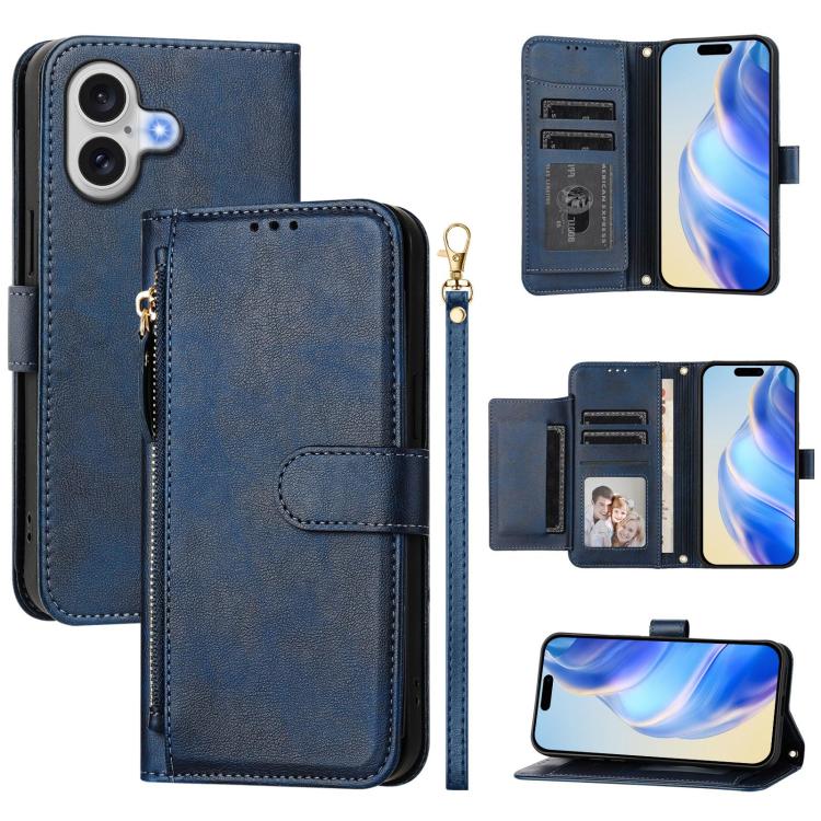 For iPhone 17 Multi-Card Slots Zipper Wallet Leather Phone Case(Blue)