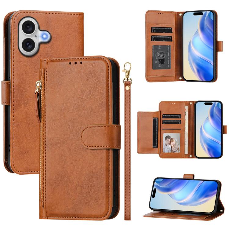 For iPhone 17 Multi-Card Slots Zipper Wallet Leather Phone Case(Brown)