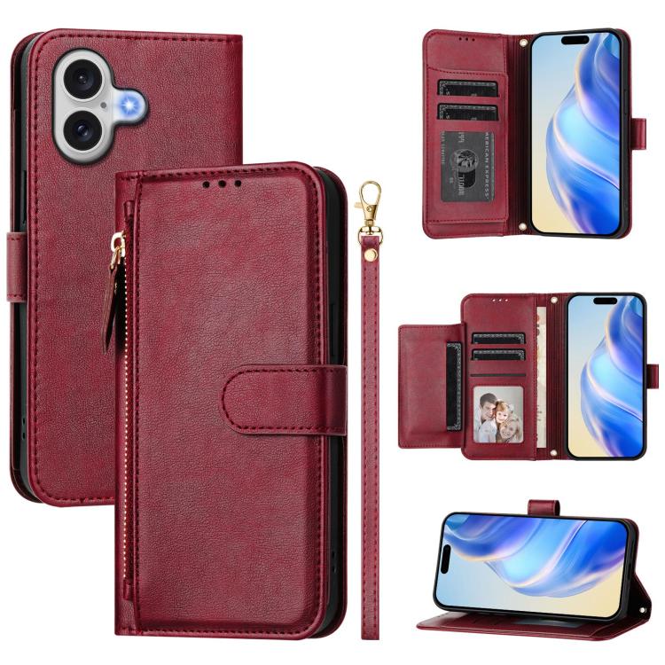 For iPhone 17 Multi-Card Slots Zipper Wallet Leather Phone Case(Dark Red)