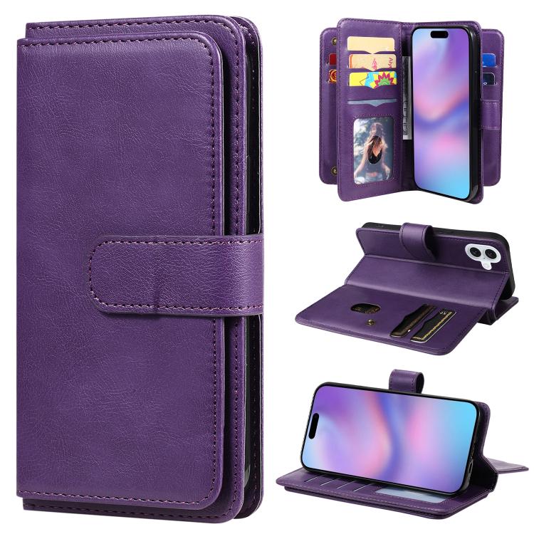 For iPhone 17 Multi-Function Wallet 10 Card Slots Leather Phone Case(Violet)