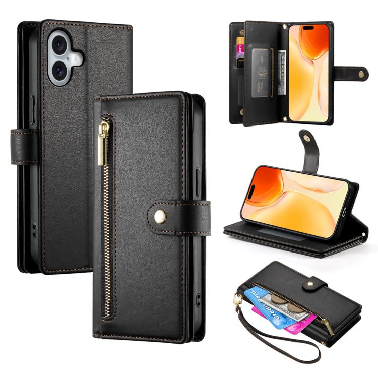 For iPhone 17 Nine Card-slot Zipper Wallet Bag Leather Phone Case(Black)