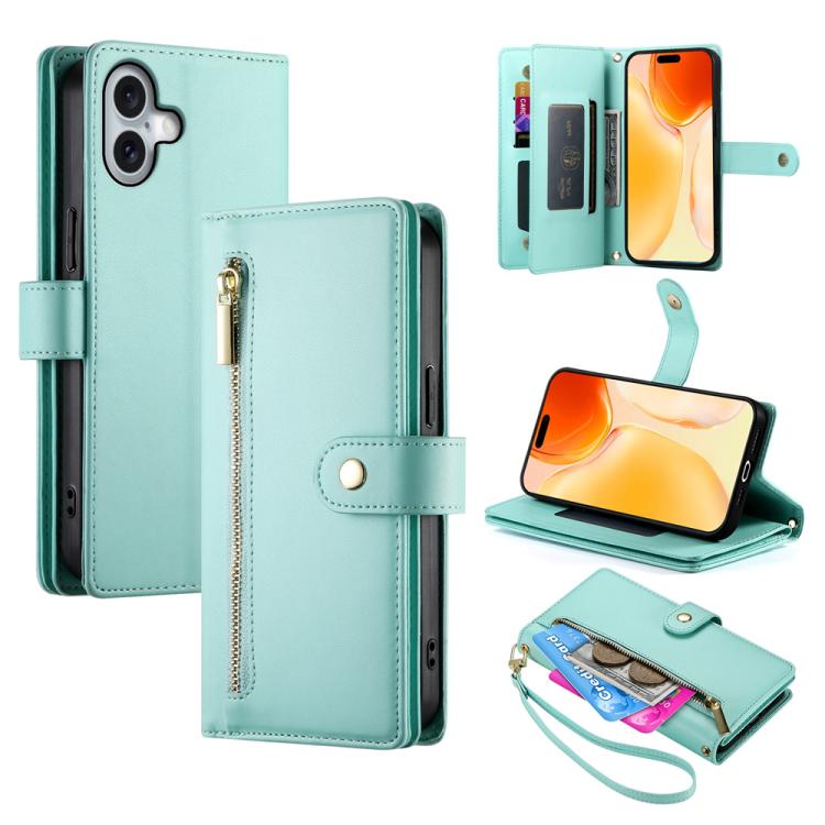 For iPhone 17 Nine Card-slot Zipper Wallet Bag Leather Phone Case(Mint Green)