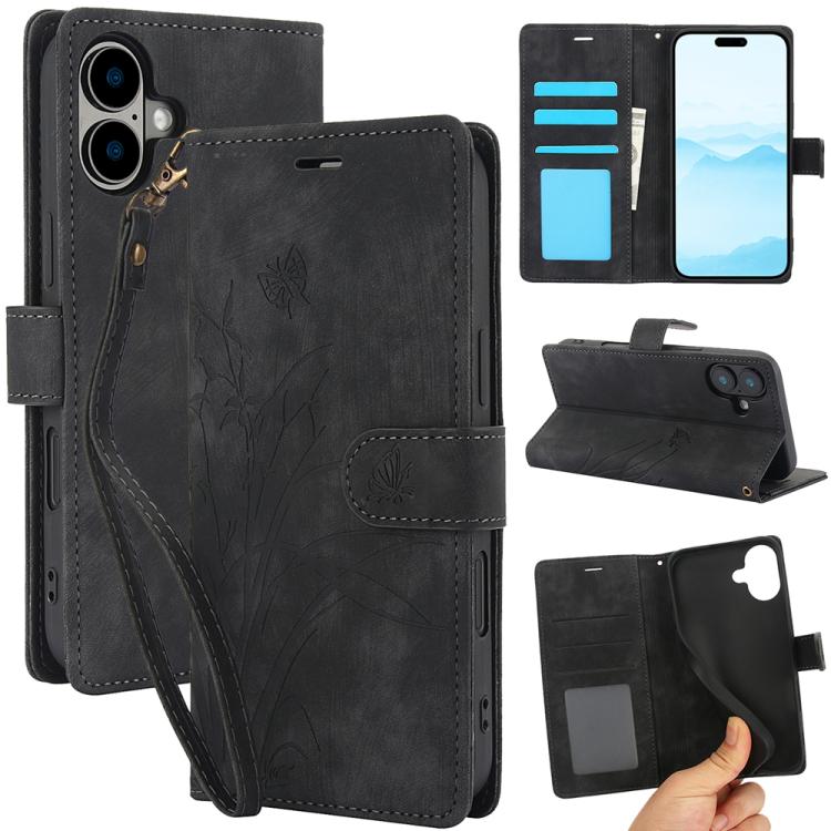 For iPhone 17 Orchid Butterfly Embossed Leather Phone Case(Black)