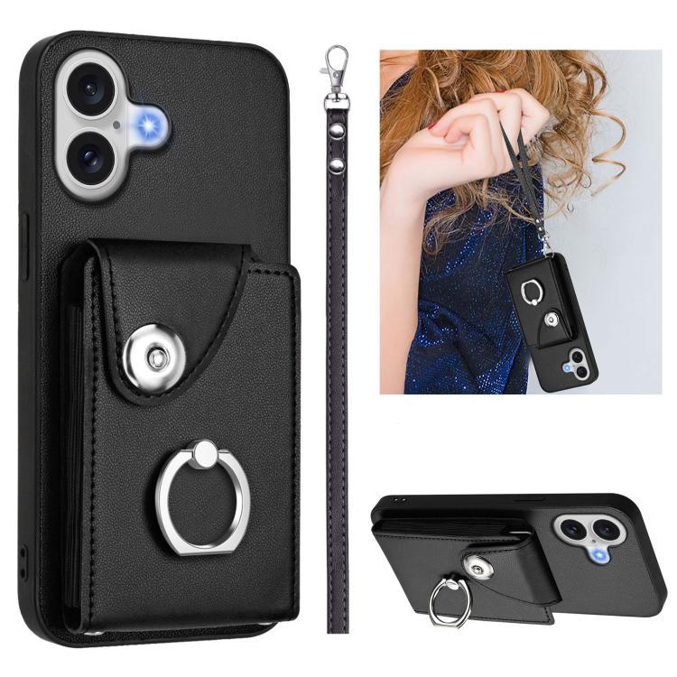 For iPhone 17 Organ Card Bag Ring Holder PU Phone Case with Lanyard(Black)