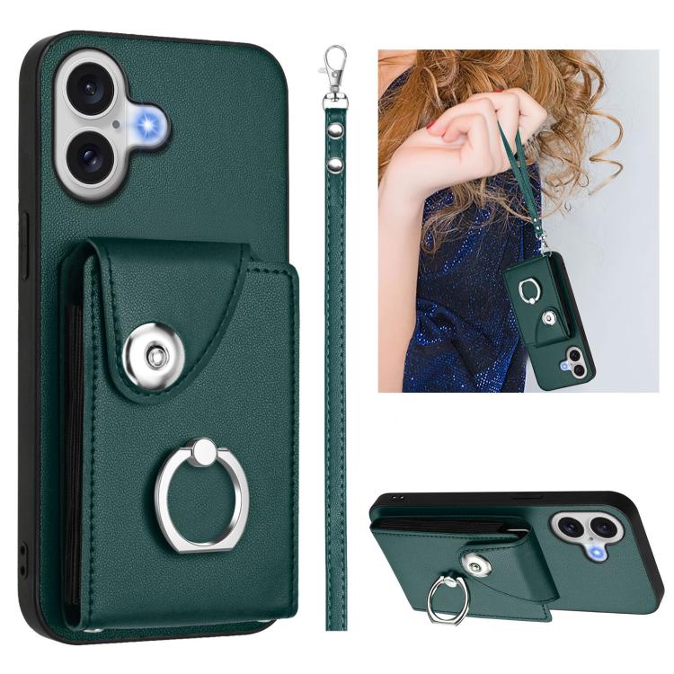 For iPhone 17 Organ Card Bag Ring Holder PU Phone Case with Lanyard(Green)