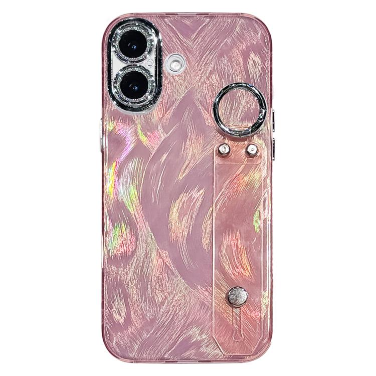 For iPhone 17 Plating Feather-Gauze Texture Wristband Holder TPU Phone Case with Lens Film(Pink)