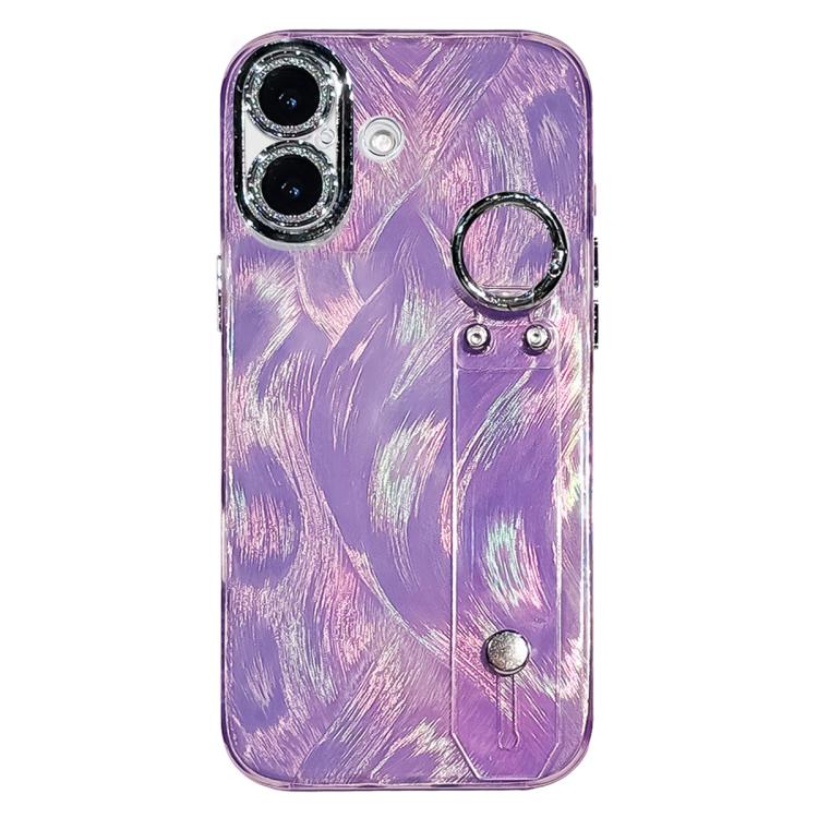 For iPhone 17 Plating Feather-Gauze Texture Wristband Holder TPU Phone Case with Lens Film(Purple)