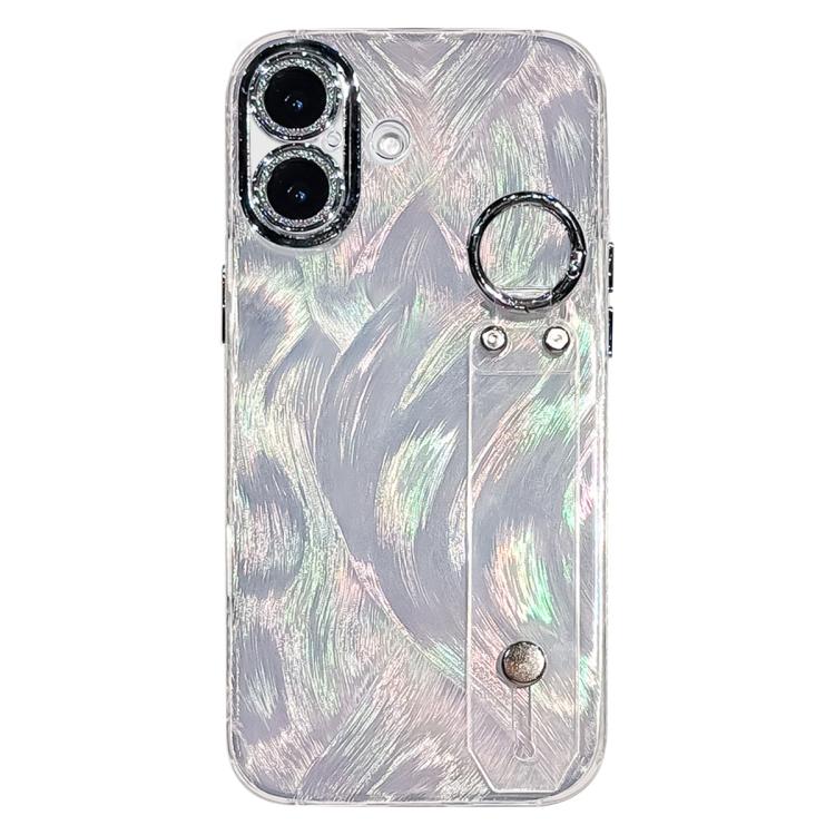 For iPhone 17 Plating Feather-Gauze Texture Wristband Holder TPU Phone Case with Lens Film(White)
