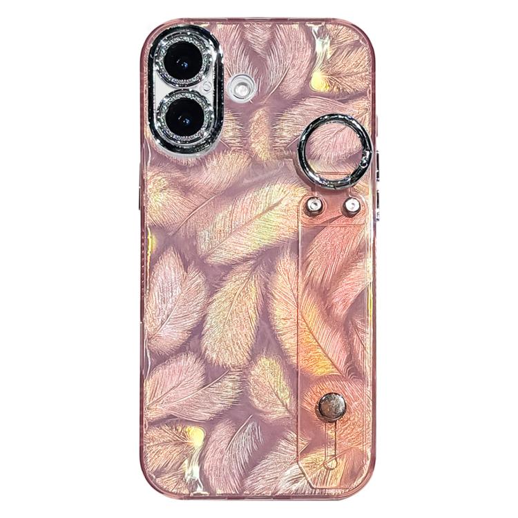For iPhone 17 Plating Feather Texture Wristband Holder TPU Phone Case with Lens Film(Pink)