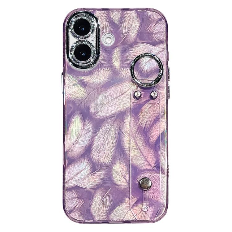 For iPhone 17 Plating Feather Texture Wristband Holder TPU Phone Case with Lens Film(Purple)