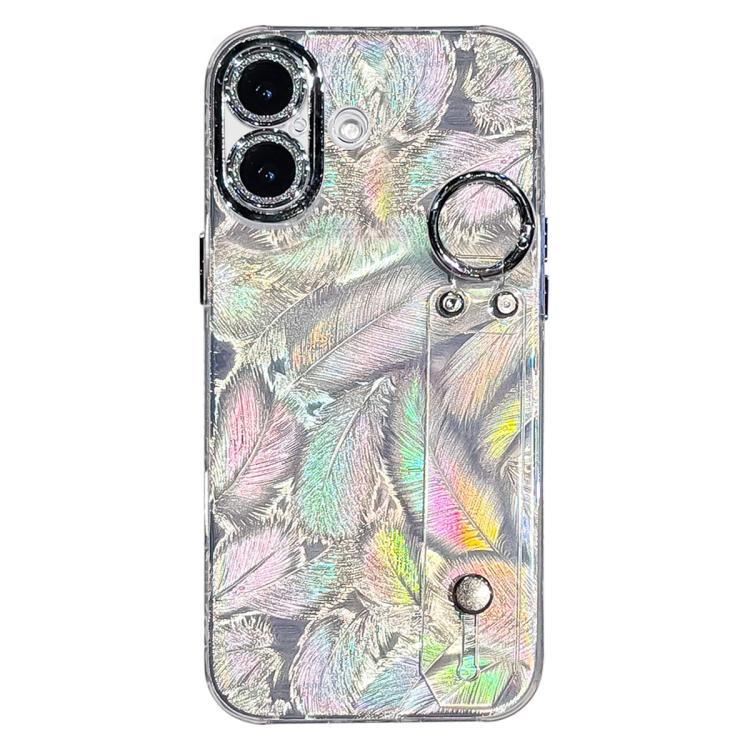 For iPhone 17 Plating Feather Texture Wristband Holder TPU Phone Case with Lens Film(Silver)