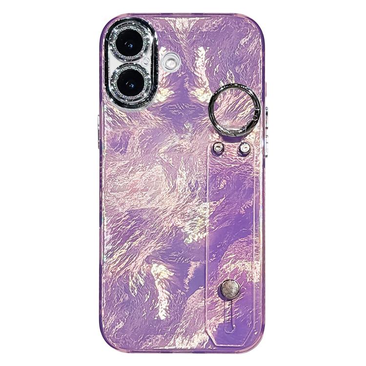 For iPhone 17 Plating Foil-like Metallic Texture Wristband Holder TPU Phone Case with Lens Film(Purple)
