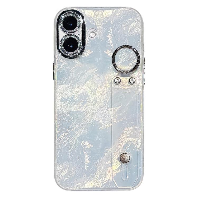 For iPhone 17 Plating Foil-like Metallic Texture Wristband Holder TPU Phone Case with Lens Film(Silver)