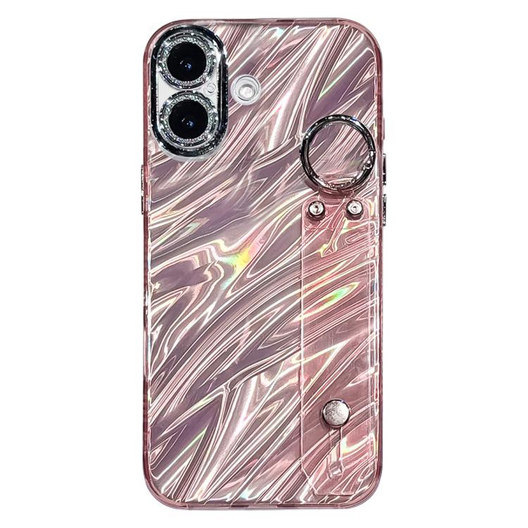 For iPhone 17 Plating Ripples Texture Wristband Holder TPU Phone Case with Lens Film(Pink)