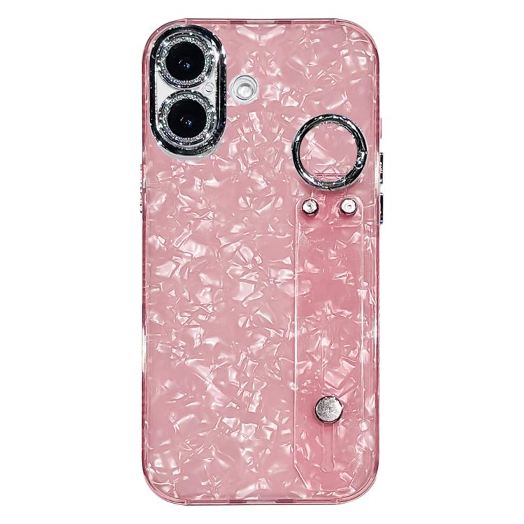 For iPhone 17 Plating Shell Texture Wristband Holder TPU Phone Case with Lens Film(Pink)
