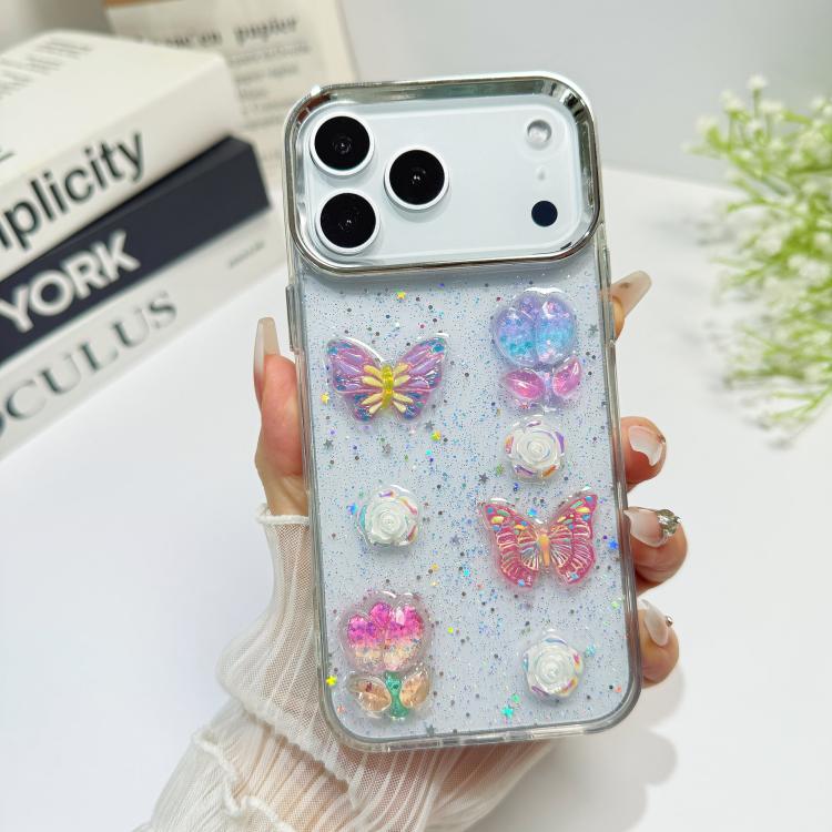 For iPhone 17 Pro 3D Colorful Crystal Butterfly TPU Phone Case(Butterful Flowers)