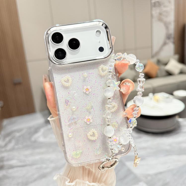 For iPhone 17 Pro 3D Four-Butterfly Glitter Epoxy TPU Phone Case with Bracelet Chain(Green)