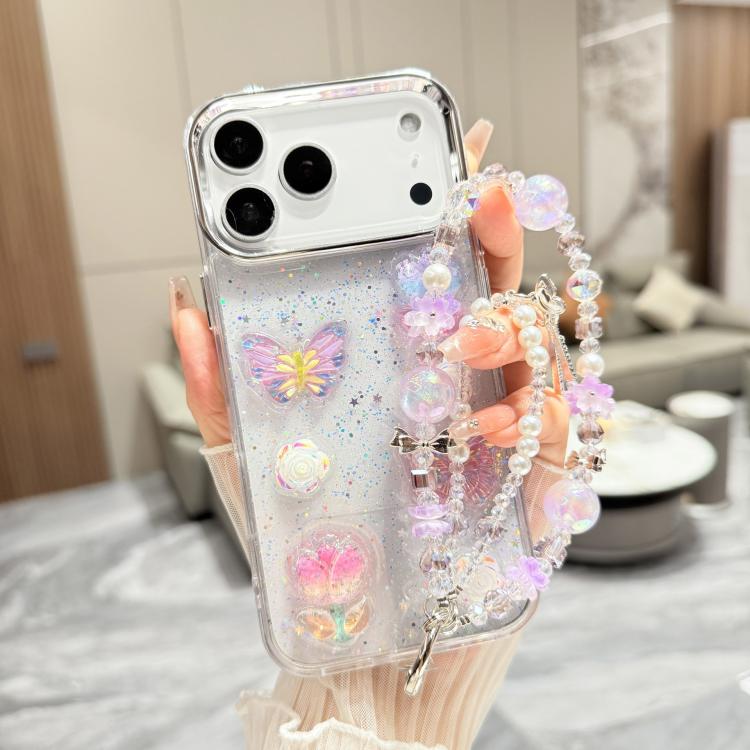 For iPhone 17 Pro 3D Four-Butterfly Glitter Epoxy TPU Phone Case with Bracelet Chain(Purple)