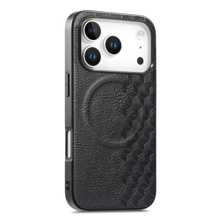 For iPhone 17 Pro 3D Grid Texture PU Magnetic Shockproof Phone Case(Black)