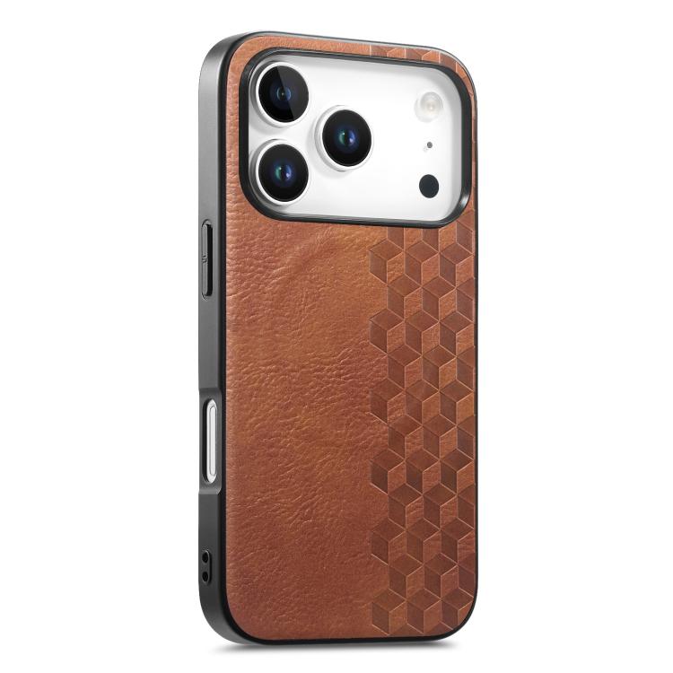 For iPhone 17 Pro 3D Grid Texture PU Magnetic Shockproof Phone Case(Brown)