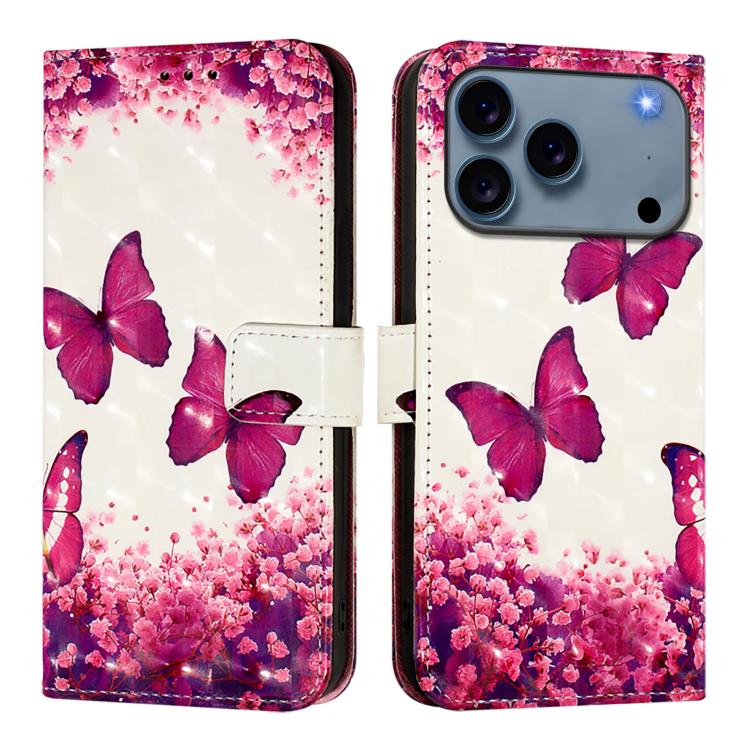 For iPhone 17 Pro 3D Painting Horizontal Flip Leather Phone Case(Rose Butterfly)