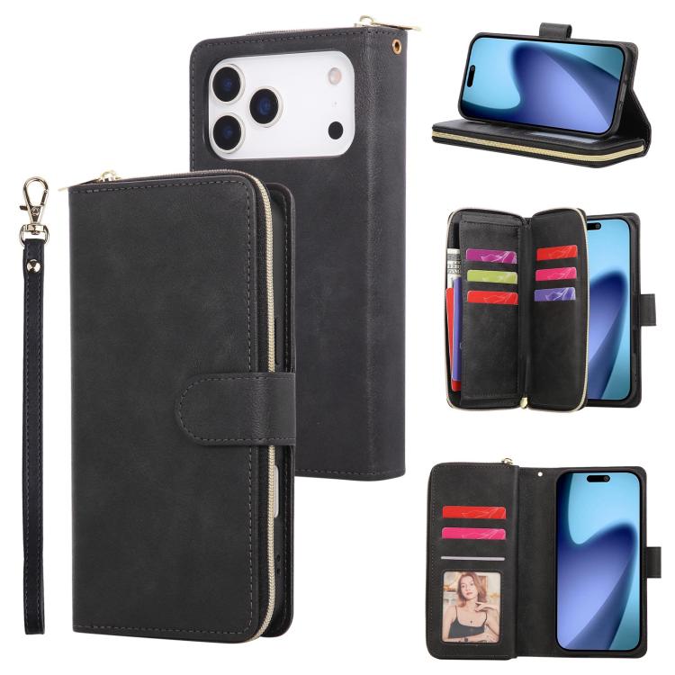 For iPhone 17 Pro 9 Card Slots Zipper Wallet Bag Leather Phone Case(Black)