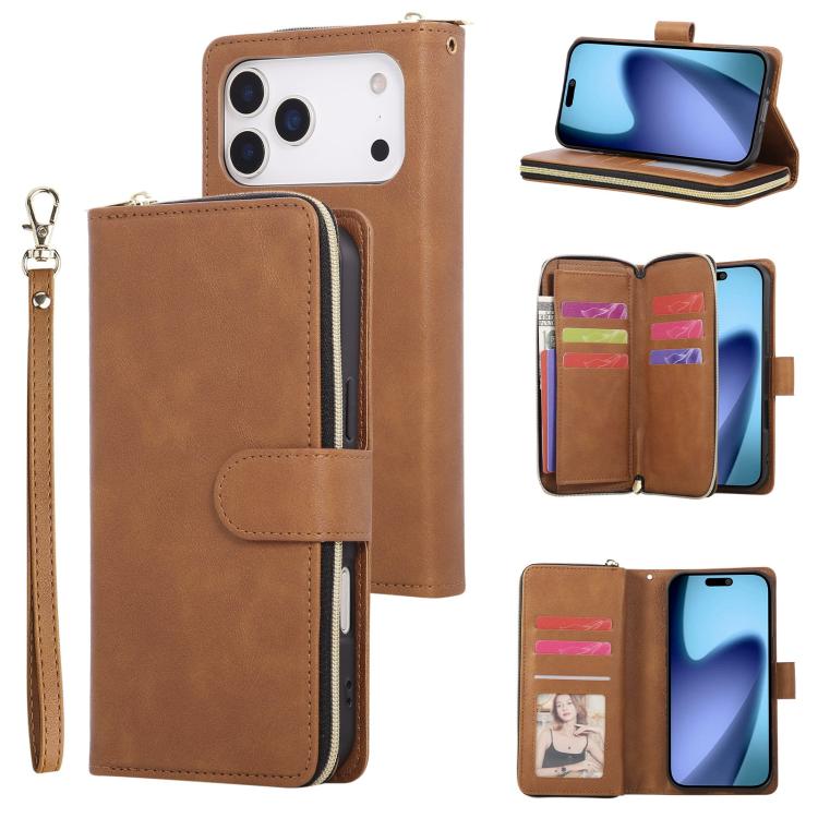 For iPhone 17 Pro 9 Card Slots Zipper Wallet Bag Leather Phone Case(Brown)