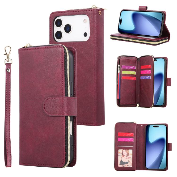 For iPhone 17 Pro 9 Card Slots Zipper Wallet Bag Leather Phone Case(Wine Red)