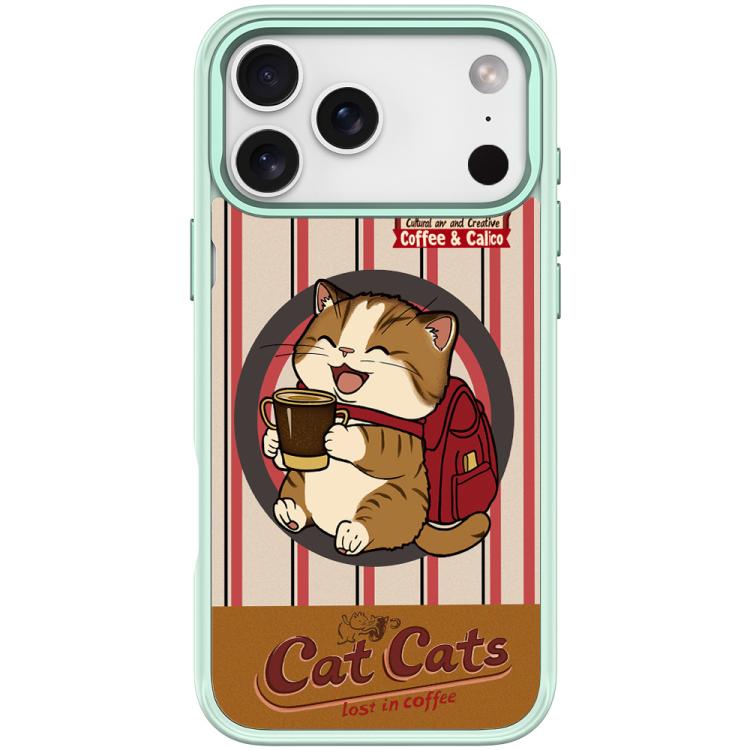 For iPhone 17 Pro Adorable Coffee Cat Pattern Magnetic Phone Case(Light Green)
