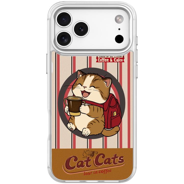 For iPhone 17 Pro Adorable Coffee Cat Pattern Magnetic Phone Case(Transparent White)