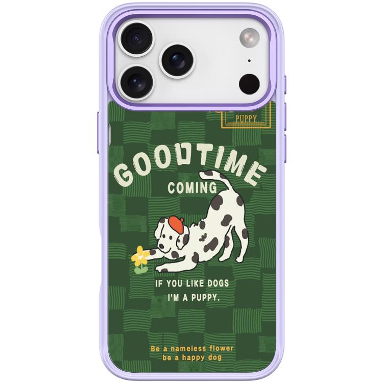For iPhone 17 Pro Adorable Flower Catching Dog Pattern Magnetic Phone Case(Light Purple)