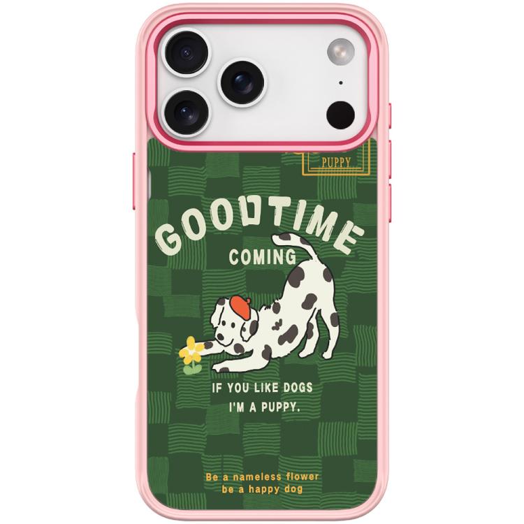For iPhone 17 Pro Adorable Flower Catching Dog Pattern Magnetic Phone Case(Pink)