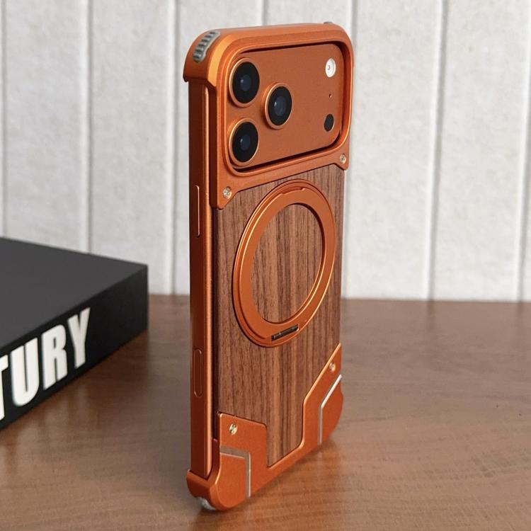 For iPhone 17 Pro Armor Walnut Wood Metal Frameless 360 Rotation Holder Magnetic Phone Case(Orange)