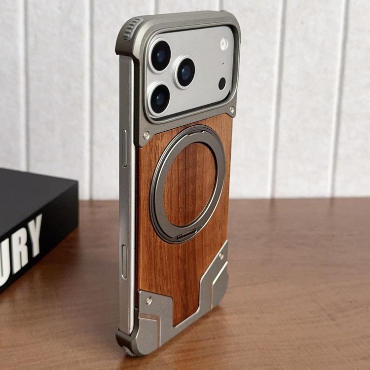 For iPhone 17 Pro Armor Walnut Wood Metal Frameless 360 Rotation Holder Magnetic Phone Case(Primary Color)