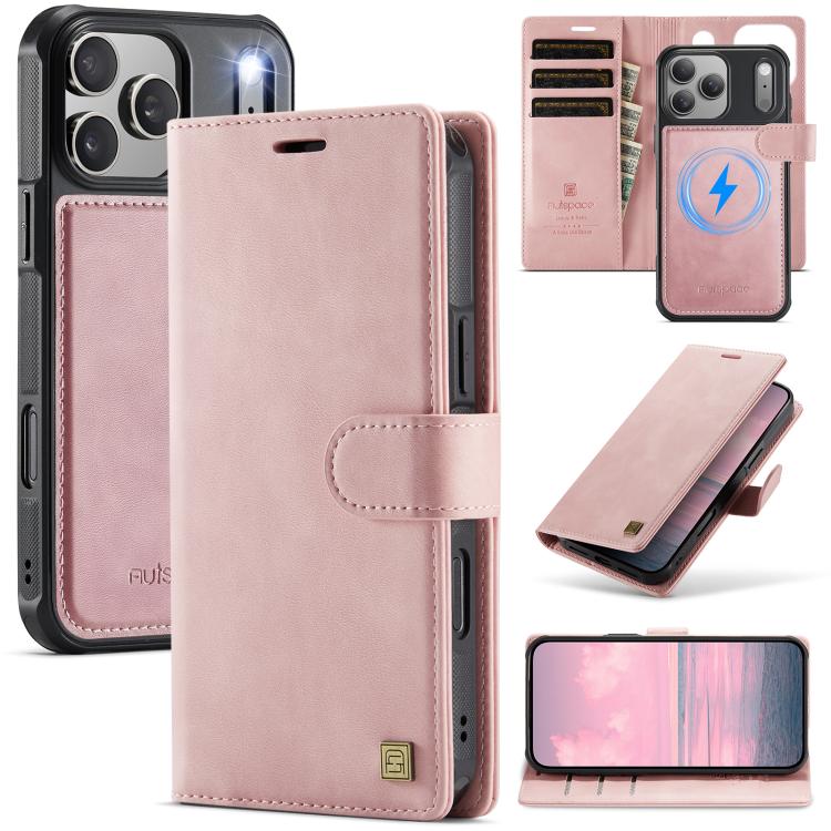 For iPhone 17 Pro AutSpace A05 2 in 1 Retro Calf Texture MagSafe Magnetic Phone Case(Pink)