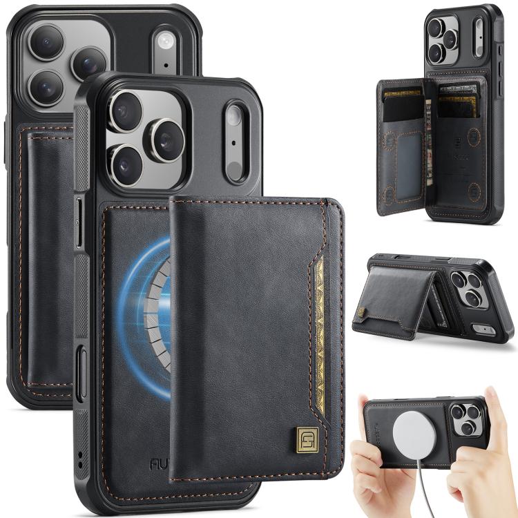 For iPhone 17 Pro AutSpace A13 MagSafe Magnetic RFID Flip Card Bag Phone Case(Black)