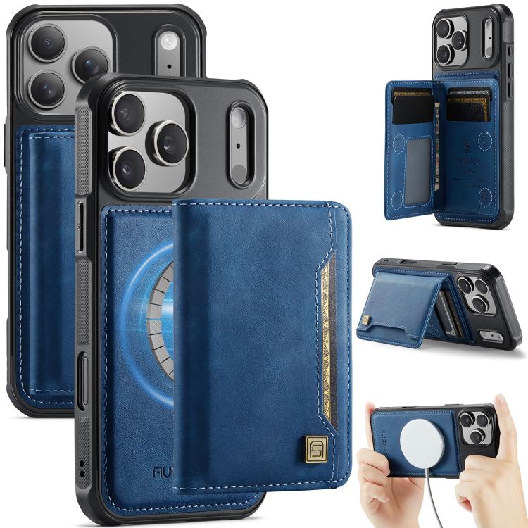 For iPhone 17 Pro AutSpace A13 MagSafe Magnetic RFID Flip Card Bag Phone Case(Blue)