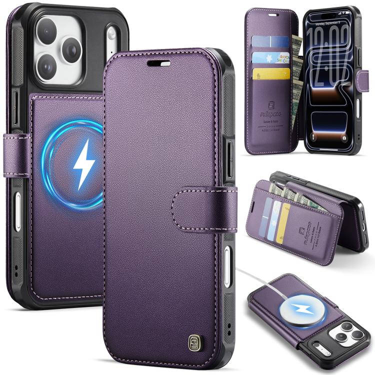 For iPhone 17 Pro AutSpace A15 Retro Magnetic Clasp Vegan Leather Phone Case(Purple)