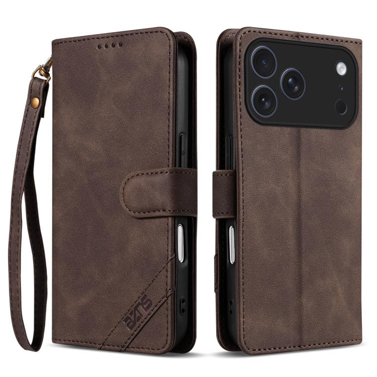 For iPhone 17 Pro AZNS A2 Series Tri-Card Wallet RFID Vegan Leather Phone Case with Strap(Brown)