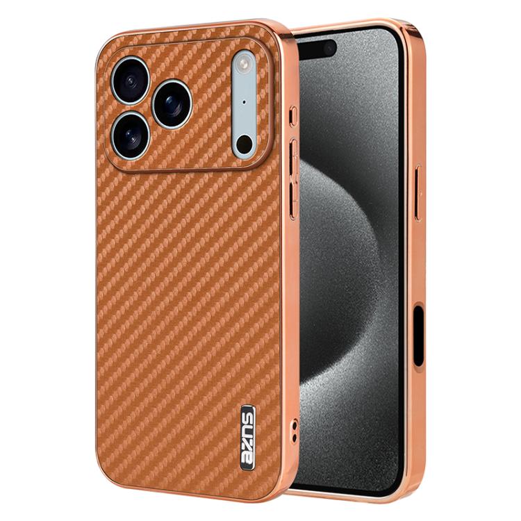 For iPhone 17 Pro AZNS Electroplated Edge Carbon Fiber Texture Phone Case(Brown)