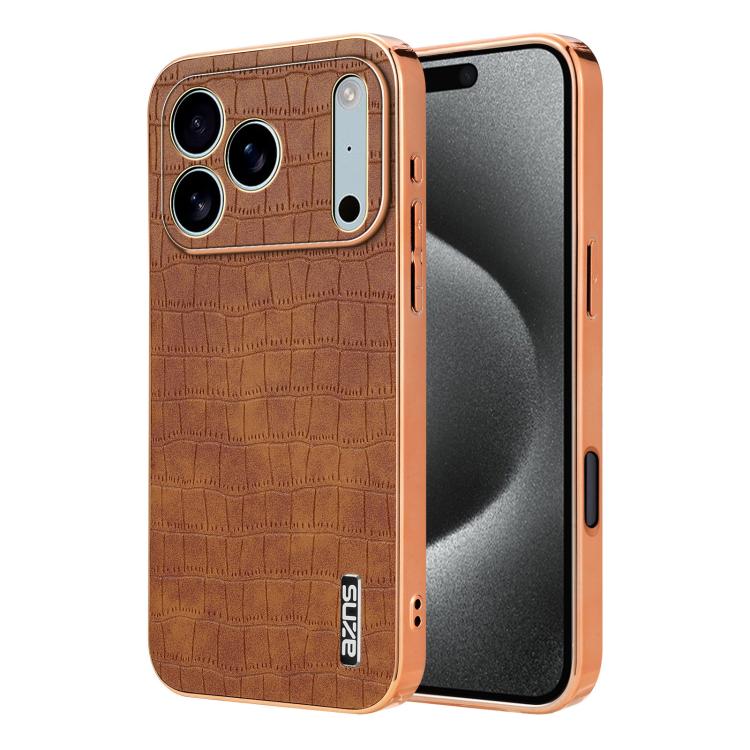 For iPhone 17 Pro AZNS Electroplated Frame Crocodile Texture Full Coverage Phone Case(Brown)