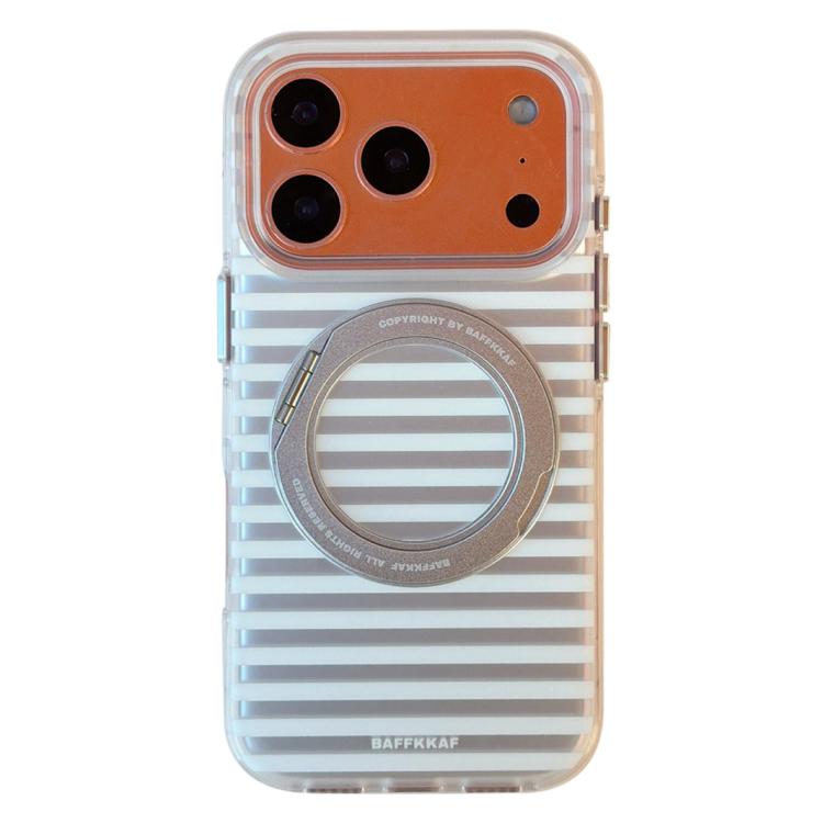 For iPhone 17 Pro BAFFKKAF Frosted Stripes 360 Holder Airbag Double-Sided IMD Magnetic Phone Case(Silver White)