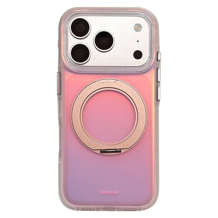 For iPhone 17 Pro BAFFKKAF Gilded 360 Rotation Holder Airbag Double-Sided IMD Phone Case(Sunset Pink)