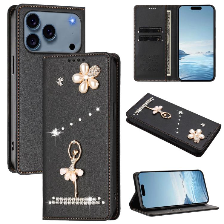 For iPhone 17 Pro Ballet Girl Diamond Studded RFID Vegan Leather Phone Case(Black)