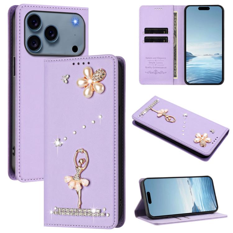 For iPhone 17 Pro Ballet Girl Diamond Studded RFID Vegan Leather Phone Case(Light Purple)