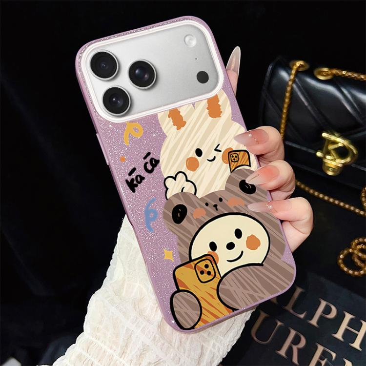 For iPhone 17 Pro Bear Pattern IMD Glitter PC Hybrid TPU Phone Case(Purple)
