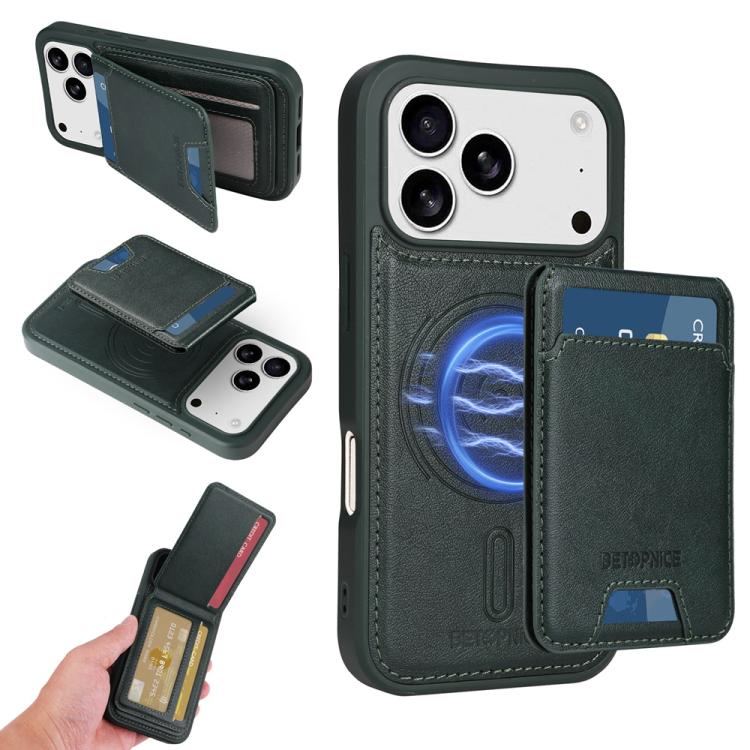 For iPhone 17 Pro BETOPNICE Vertical Flip Detachable MagSafe Wallet Phone Case(Green)