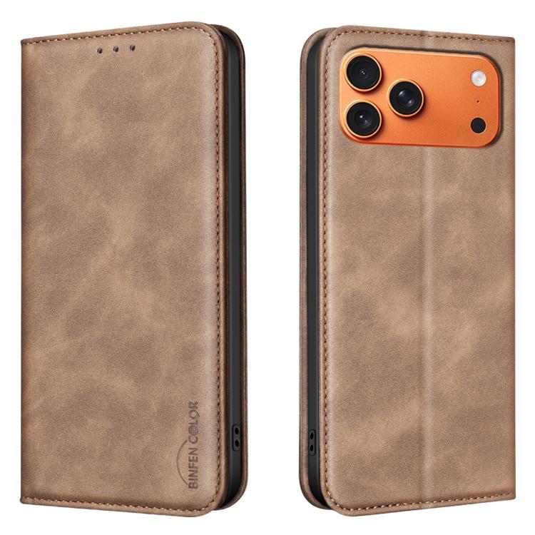 For iPhone 17 Pro BINFEN COLOR Calfskin Texture Magnetic RFID Vegan Leather Phone Case(Brown)