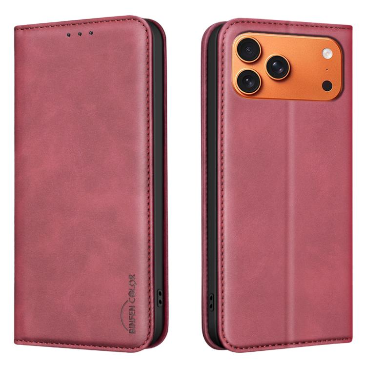 For iPhone 17 Pro BINFEN COLOR Calfskin Texture Magnetic RFID Vegan Leather Phone Case(Red)